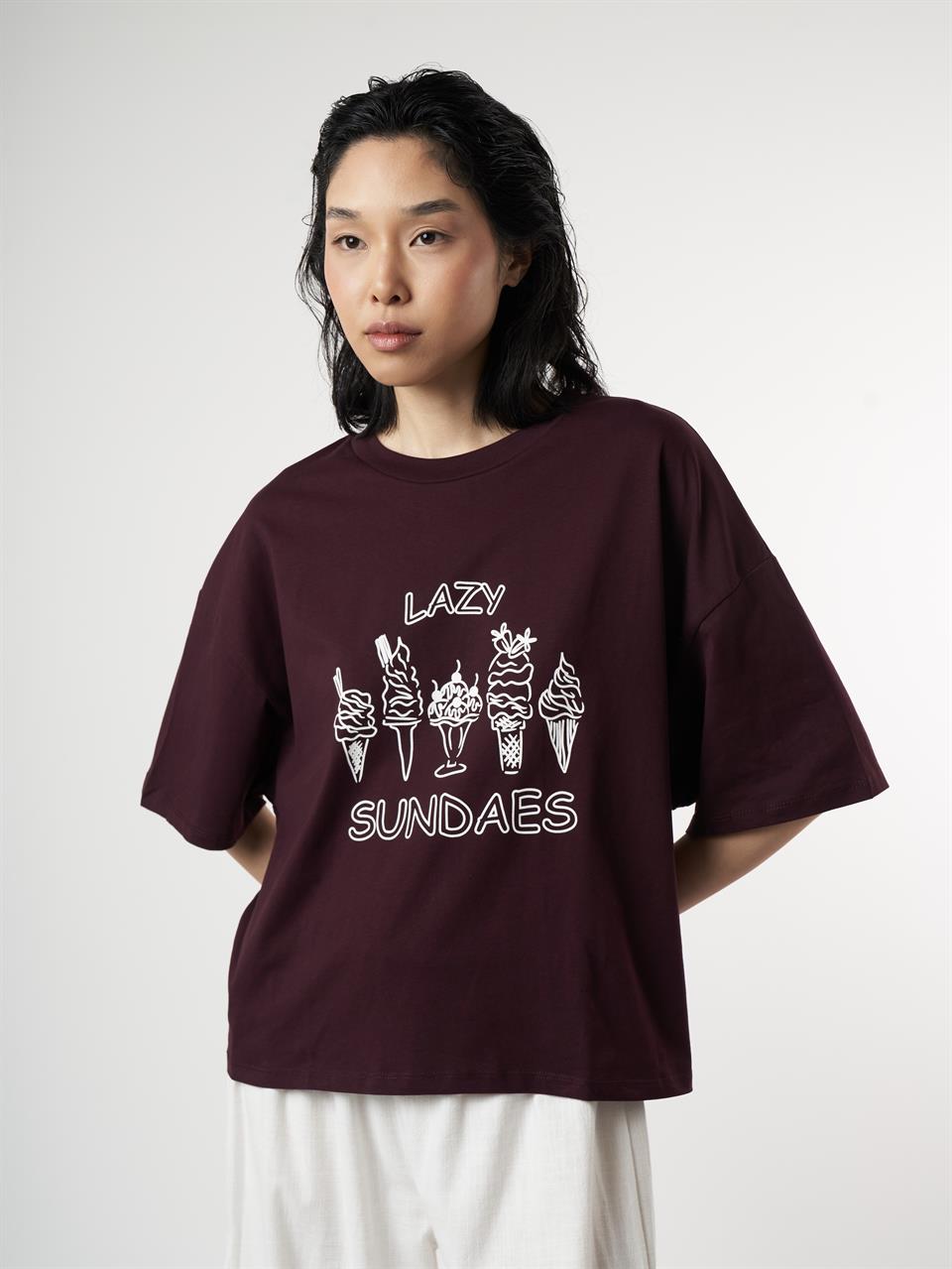Baskılı Kısa Kol T-shirt Mürdüm