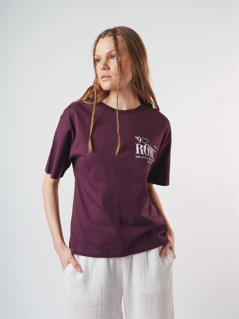 Baskılı Kısa Kol T-shirt Mürdüm