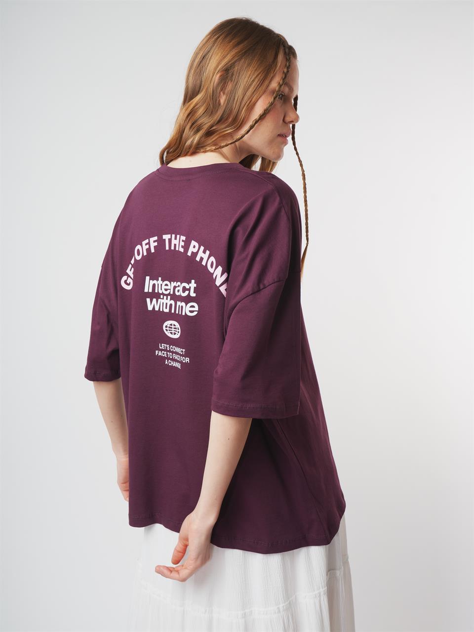 Baskılı Kısa Kol Oversize T-shirt Mürdüm