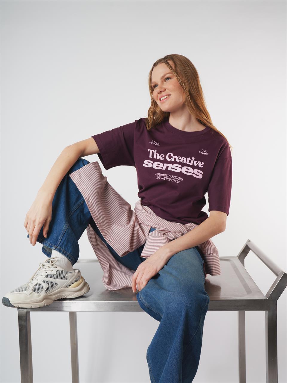 Baskılı Kısa Kol T-shirt Mürdüm
