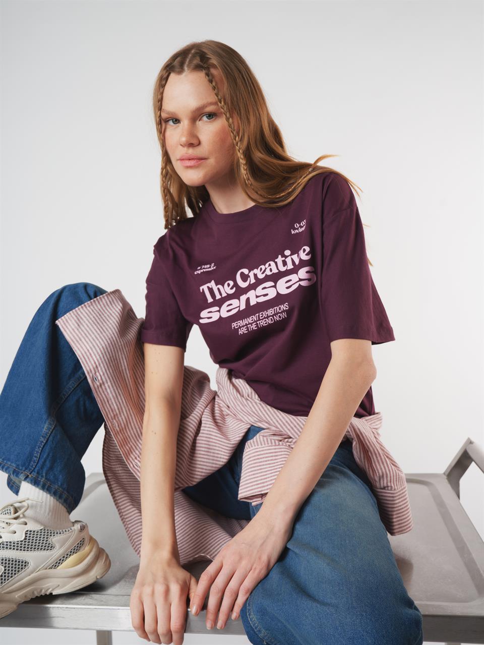 Baskılı Kısa Kol T-shirt Mürdüm