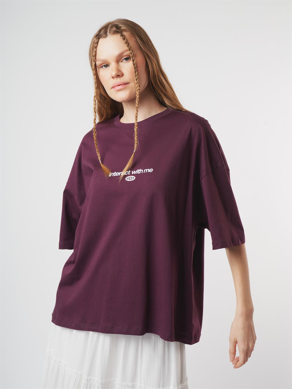 Baskılı Kısa Kol Oversize T-shirt Mürdüm