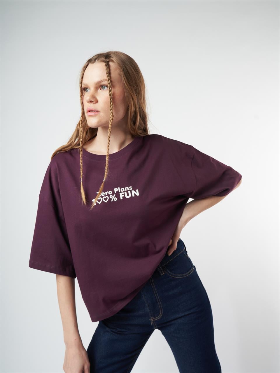 Baskılı Kısa Kol T-shirt Mürdüm