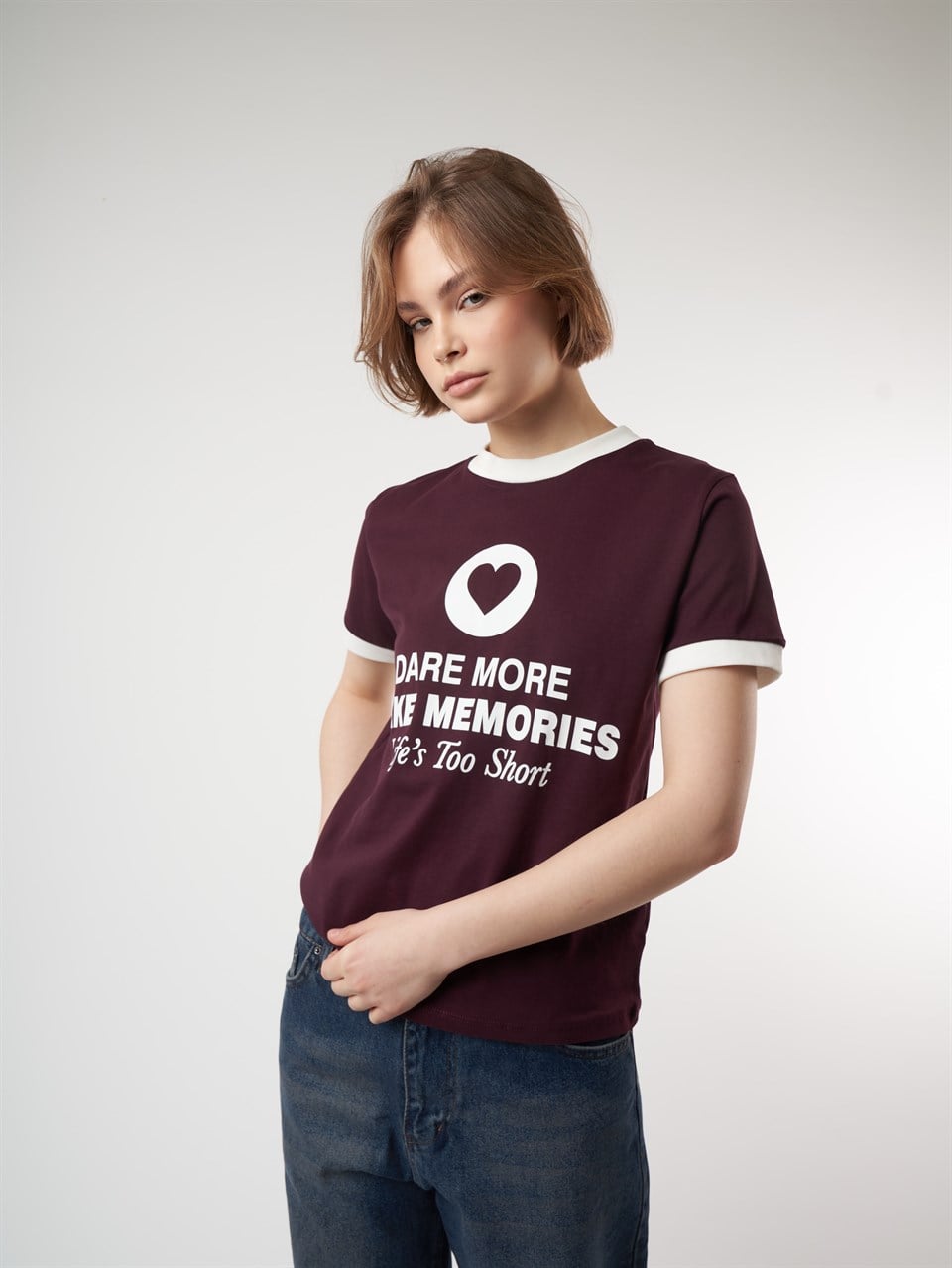 Baskılı Kısa Kol T-shirt Mürdüm-Ekru