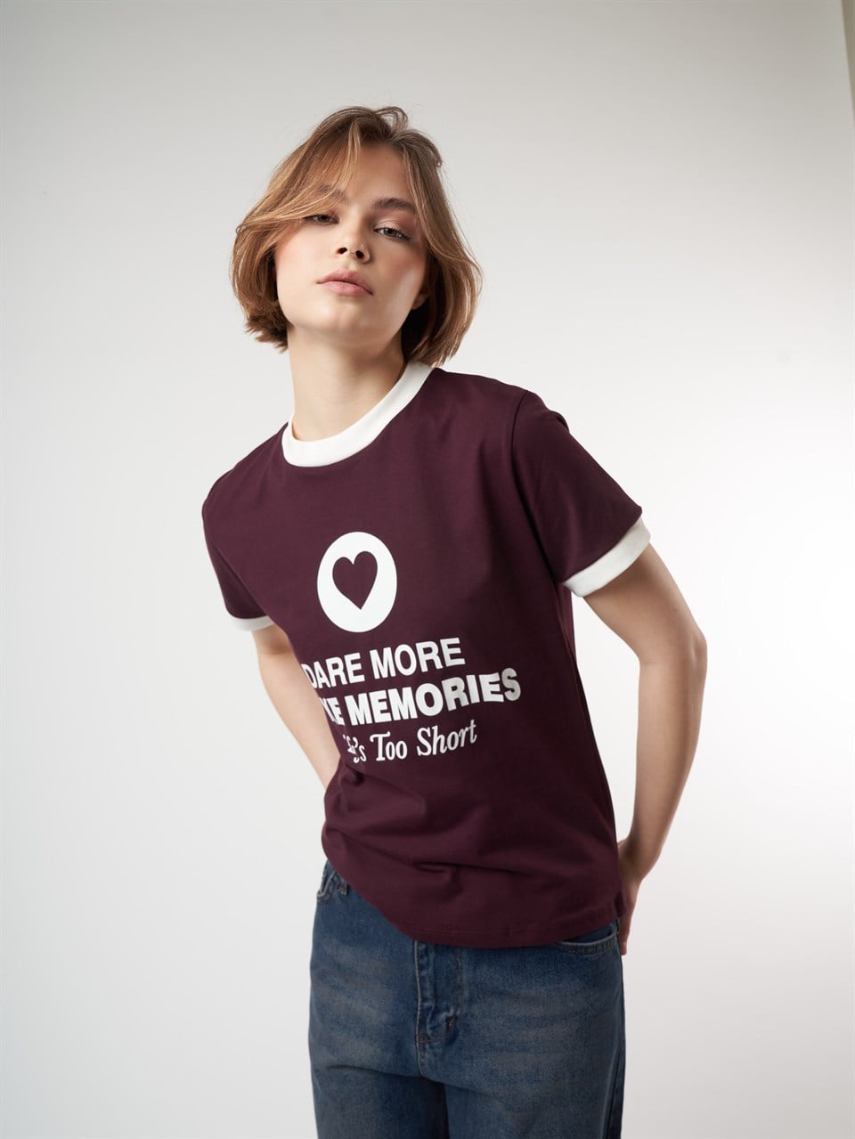 Baskılı Kısa Kol T-shirt Mürdüm-Ekru