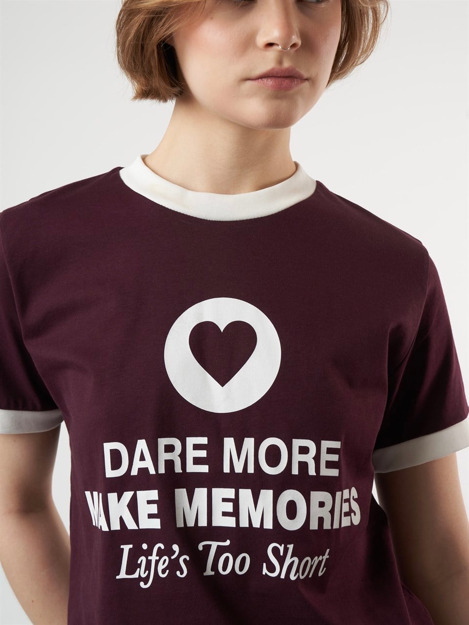 Baskılı Kısa Kol T-shirt Mürdüm-Ekru