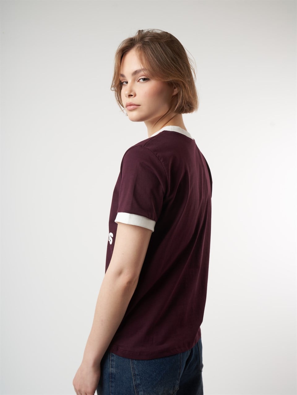 Baskılı Kısa Kol T-shirt Mürdüm-Ekru