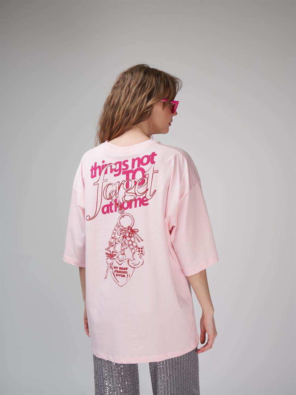 Baskılı Kısa Kol Oversize T-shirt Toz Pembe