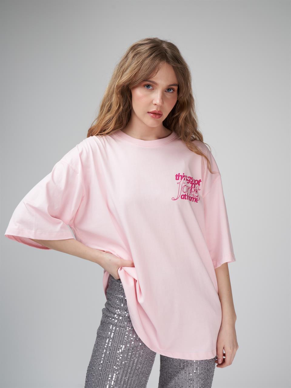 Baskılı Kısa Kol Oversize T-shirt Toz Pembe
