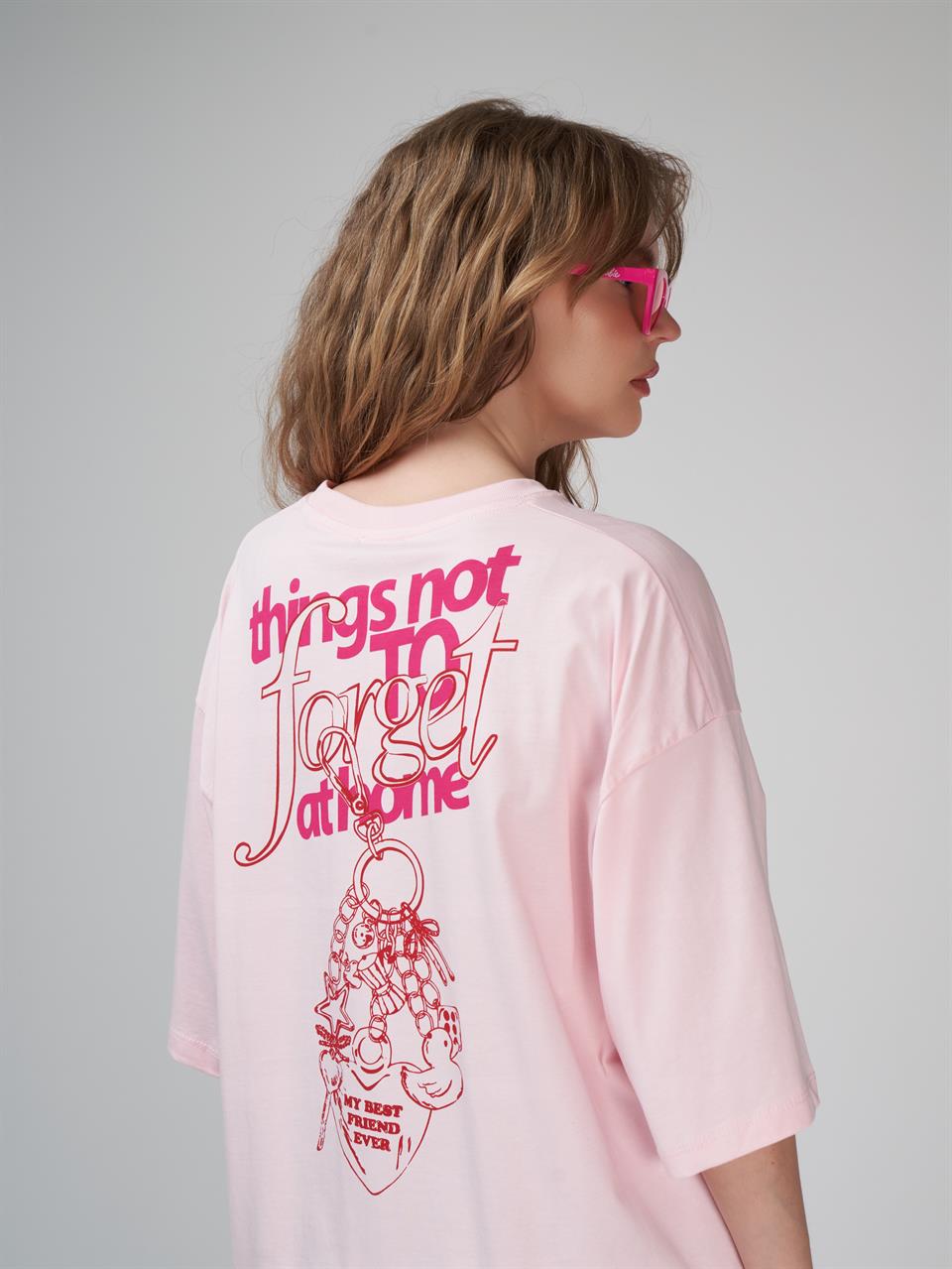 Baskılı Kısa Kol Oversize T-shirt Toz Pembe