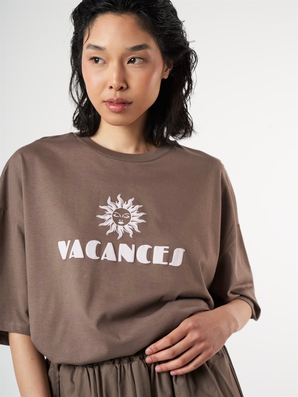 Baskılı Kısa Kol T-shirt Vizon