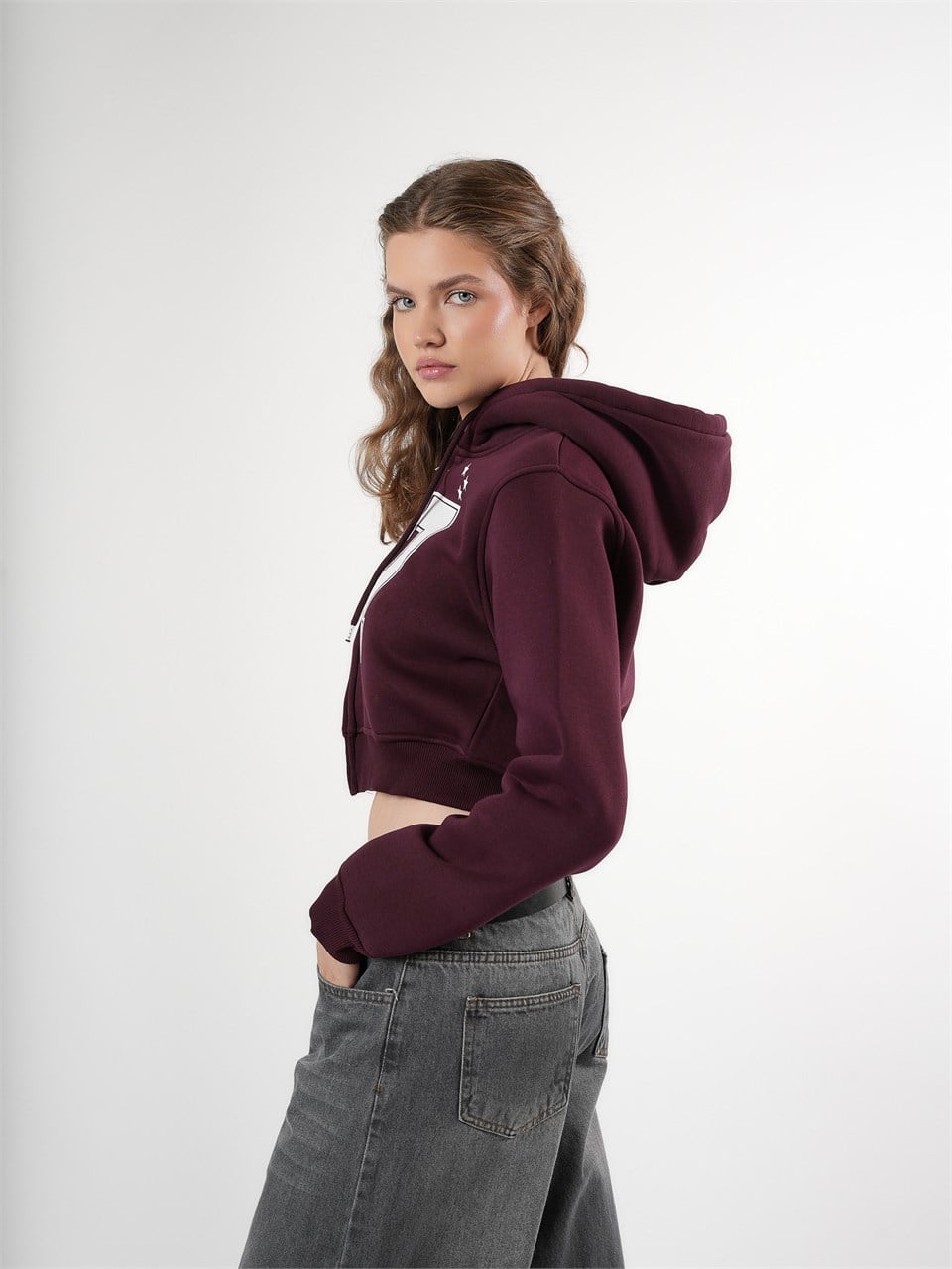 Baskılı Kısa Sweatshirt Mürdüm