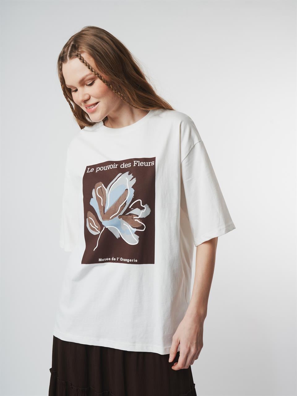 Baskılı Oversize Kısa Kol T-shirt Ekru