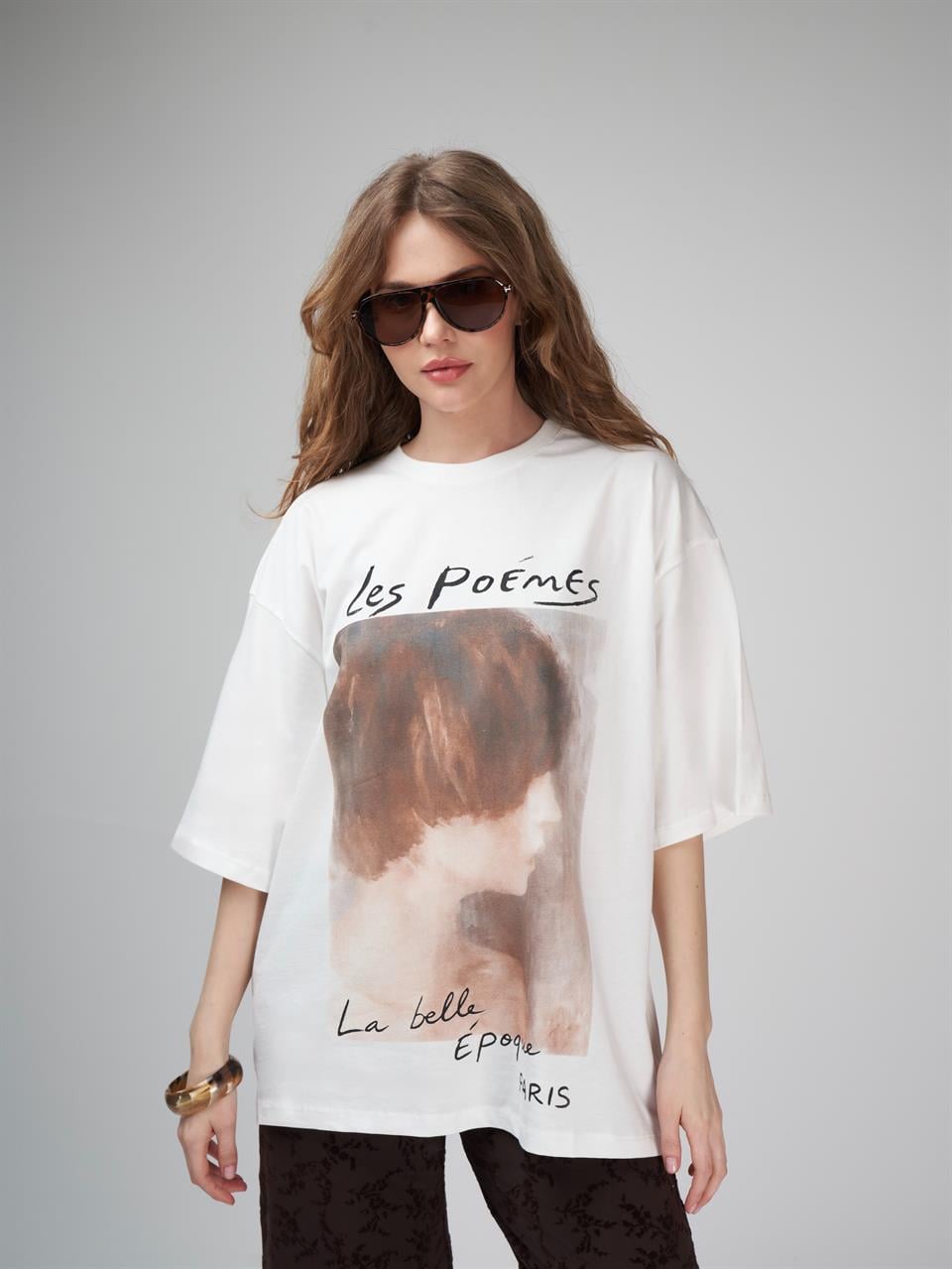 Baskılı Oversize Kısa Kol T-shirt Ekru