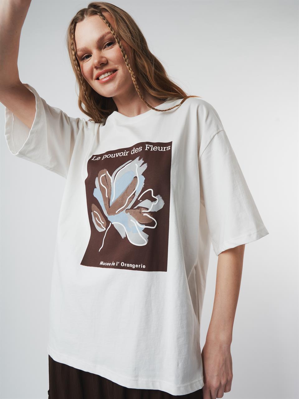Baskılı Oversize Kısa Kol T-shirt Ekru