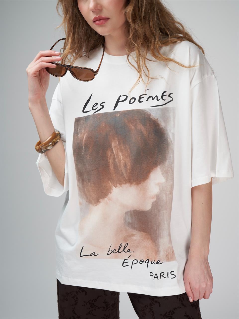Baskılı Oversize Kısa Kol T-shirt Ekru