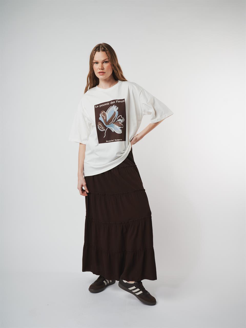 Baskılı Oversize Kısa Kol T-shirt Ekru