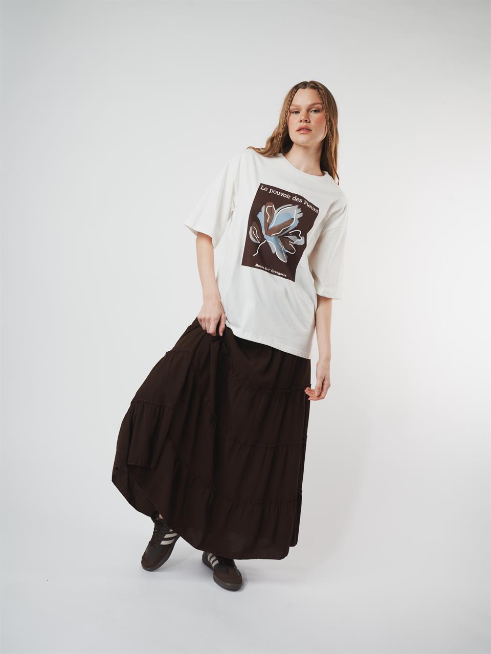 Baskılı Oversize Kısa Kol T-shirt Ekru