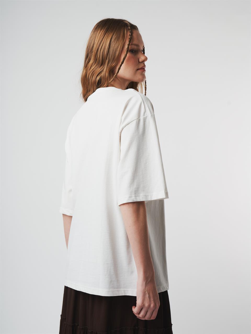 Baskılı Oversize Kısa Kol T-shirt Ekru