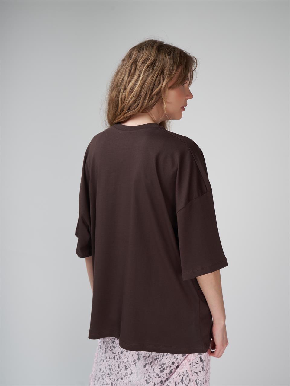 Baskılı Oversize Kısa Kol T-shirt Kahve
