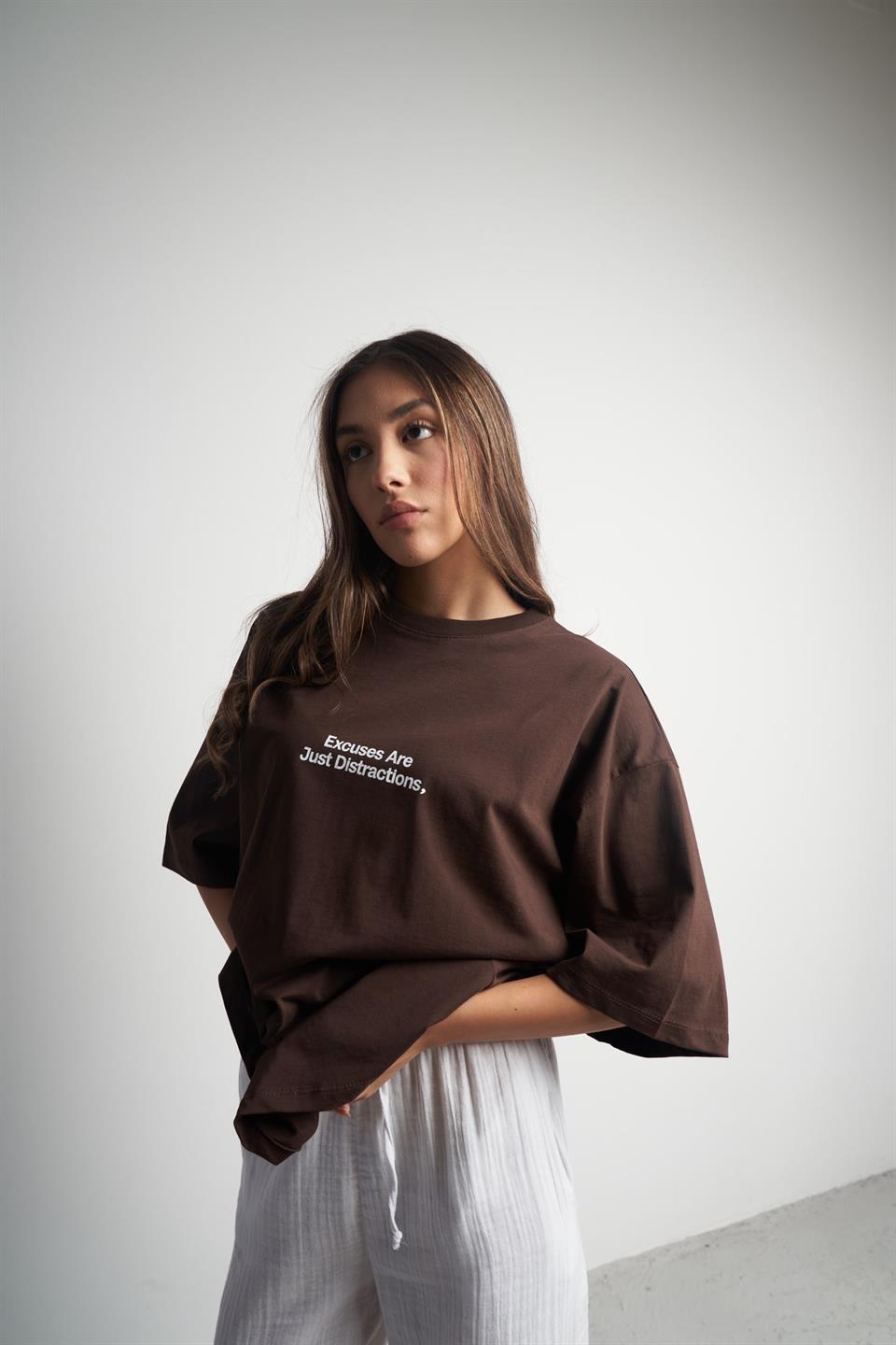 Yazı Baskılı Oversize Kısa Kol T-shirt Kahve
