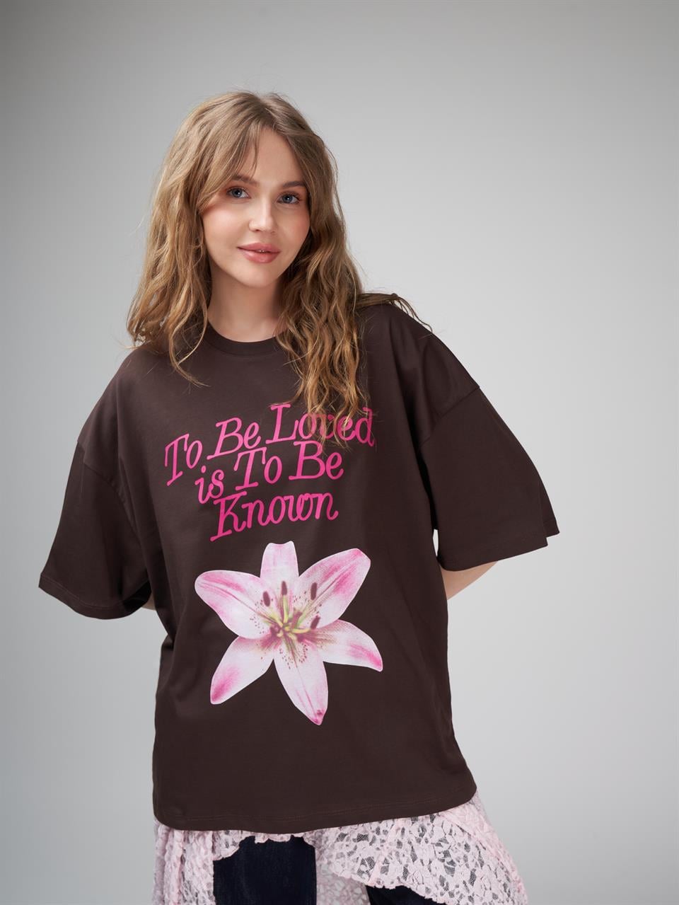 Baskılı Oversize Kısa Kol T-shirt Kahve