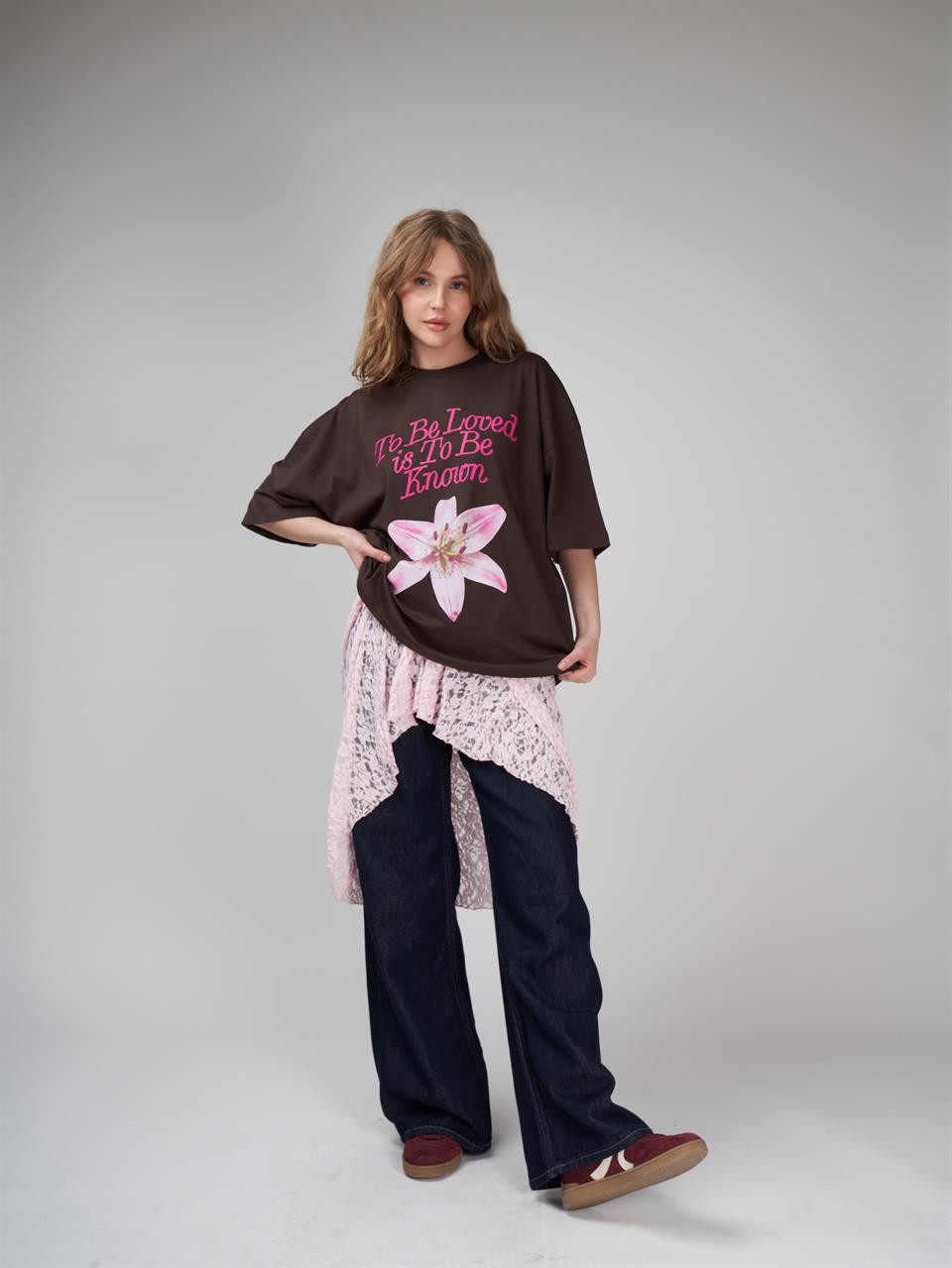 Baskılı Oversize Kısa Kol T-shirt Kahve