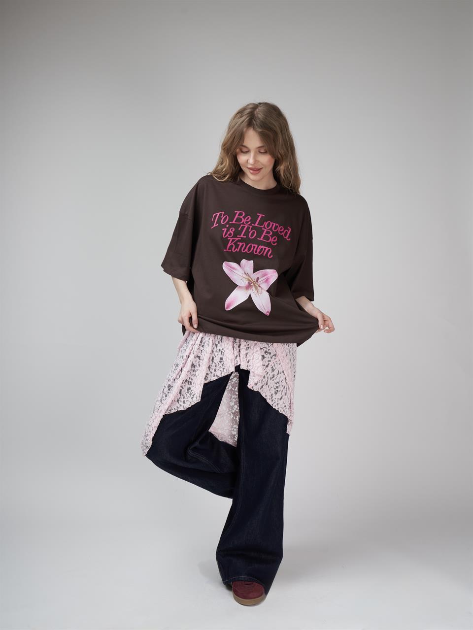 Baskılı Oversize Kısa Kol T-shirt Kahve