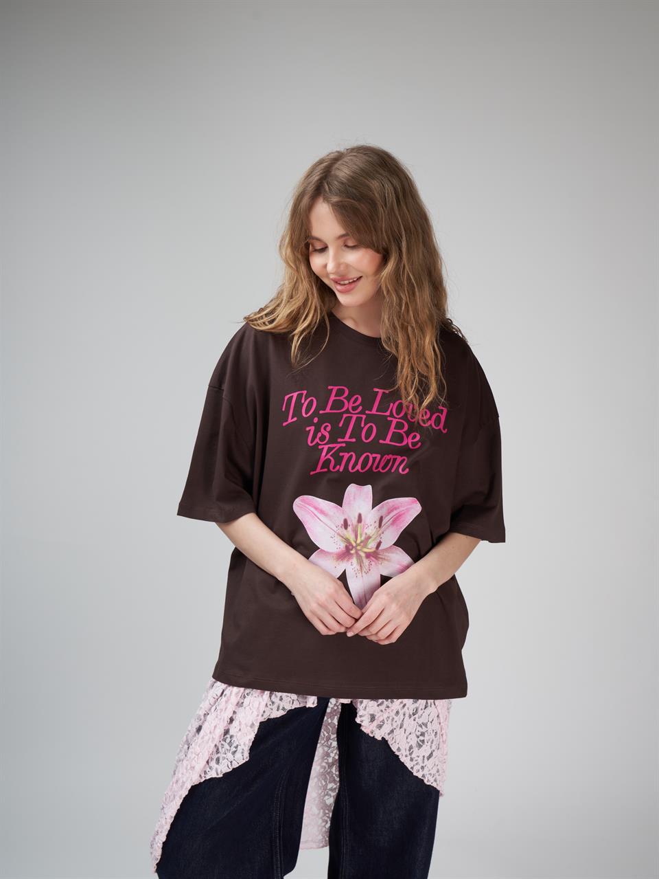 Baskılı Oversize Kısa Kol T-shirt Kahve