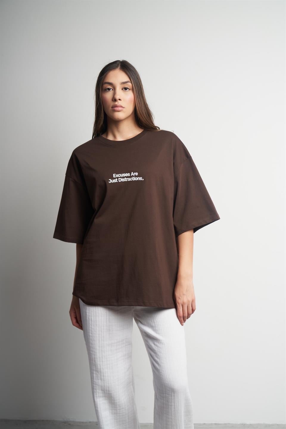Yazı Baskılı Oversize Kısa Kol T-shirt Kahve
