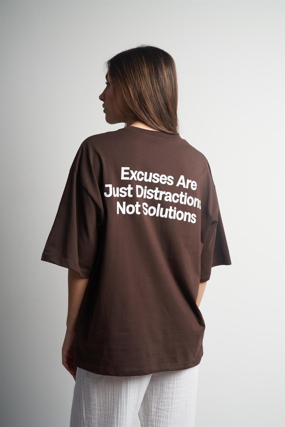 Yazı Baskılı Oversize Kısa Kol T-shirt Kahve