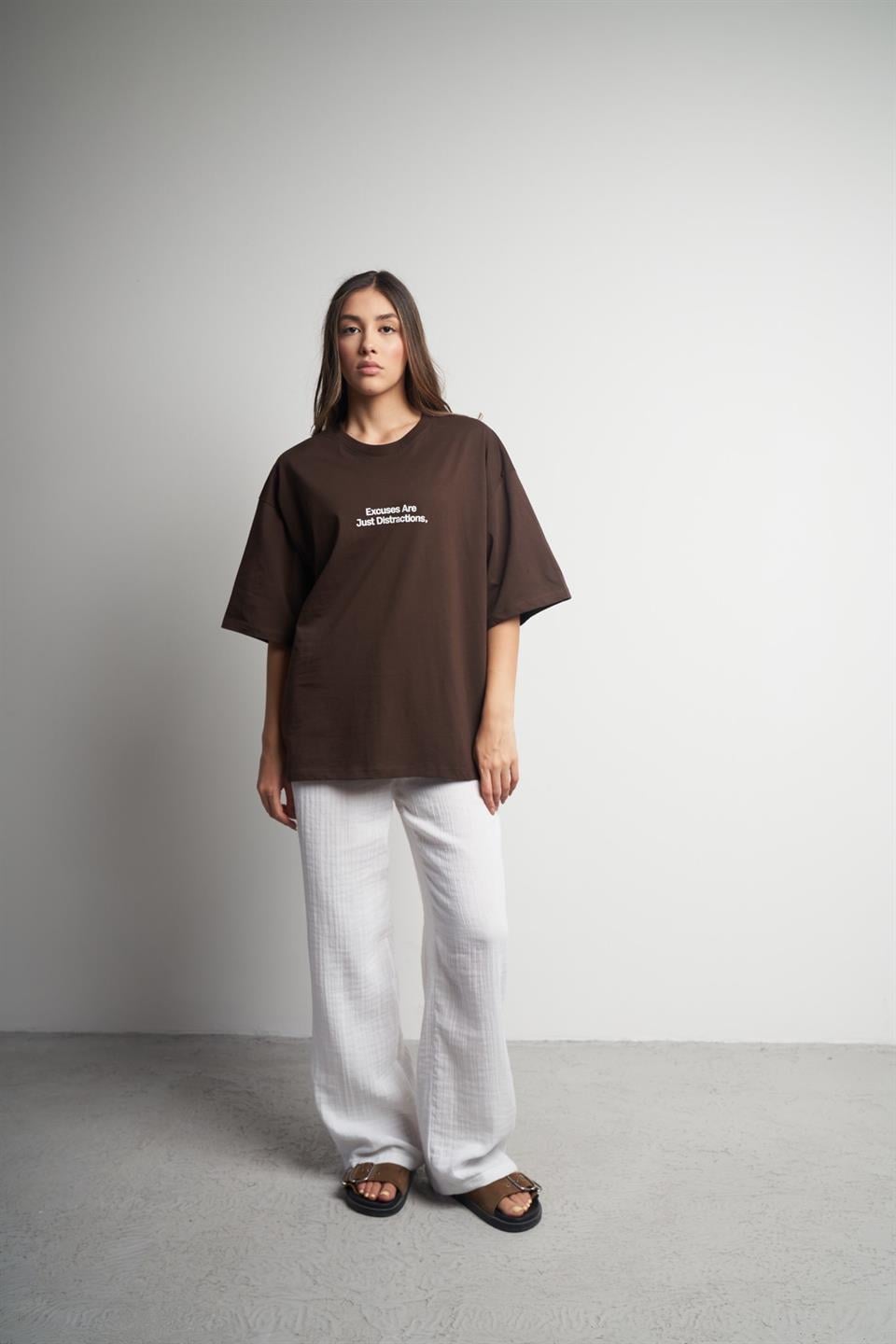 Yazı Baskılı Oversize Kısa Kol T-shirt Kahve