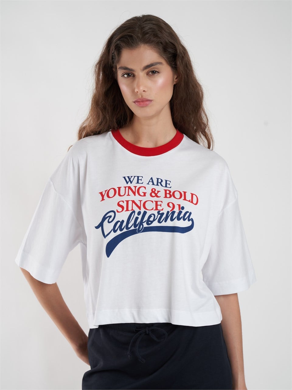 Baskılı Ribana Kısa Kol T-shirt Beyaz