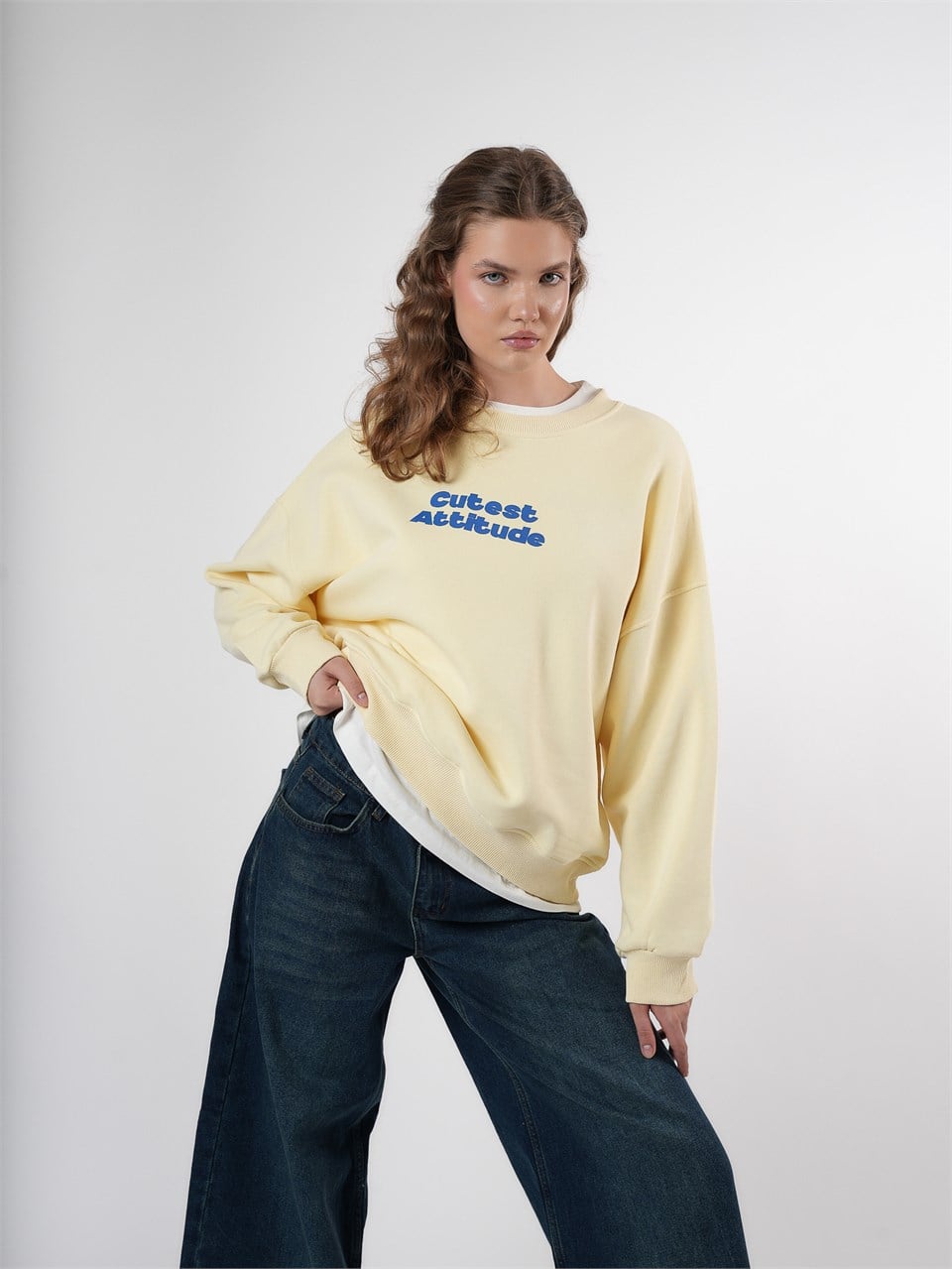 Baskılı Şardonlu Sweatshirt Sarı