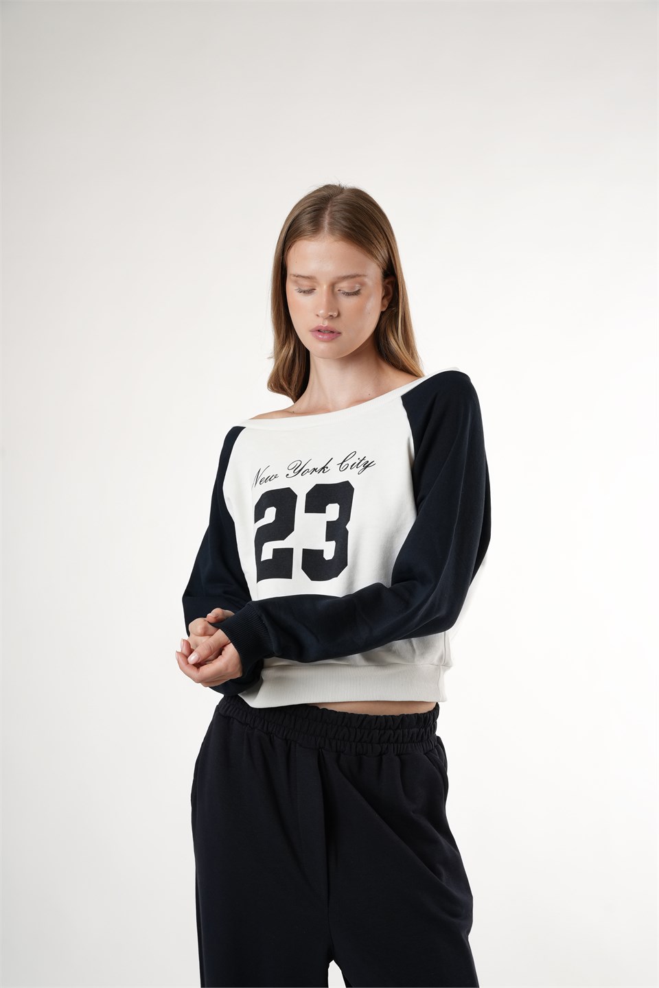 Baskılı Şardonsuz Sweatshirt Ekru