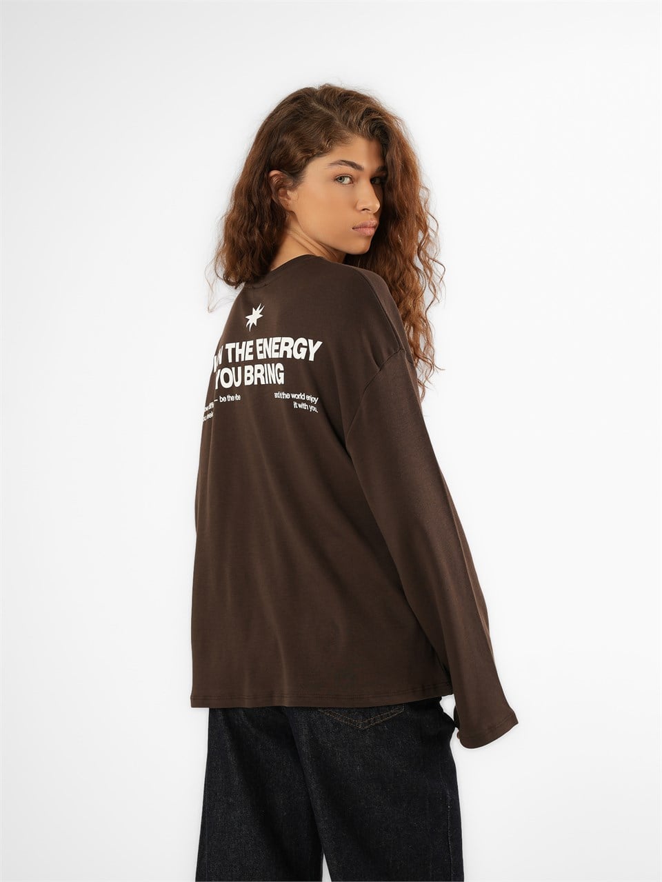 Baskılı Uzun Kol T-shirt Acı Kahve