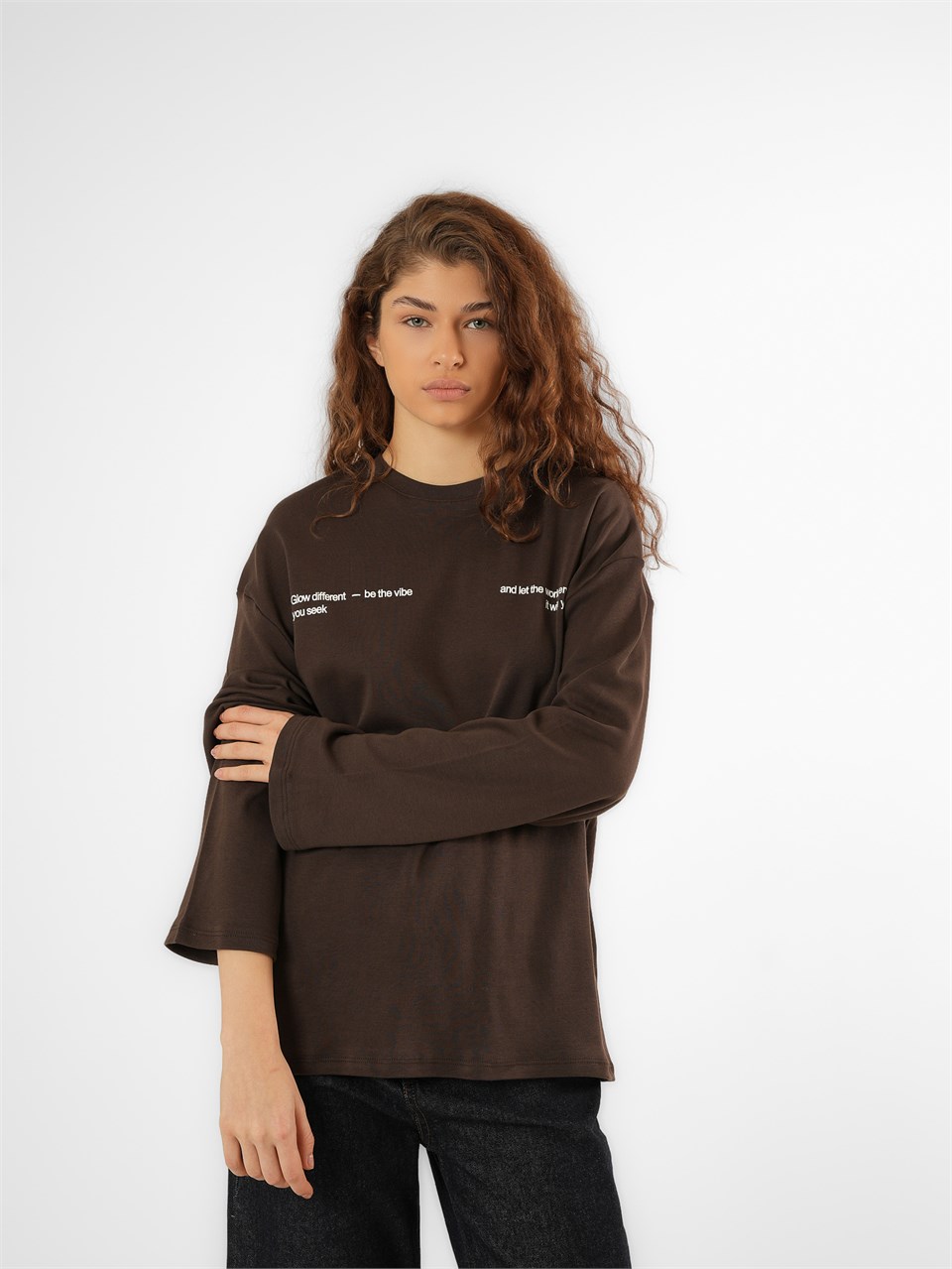 Baskılı Uzun Kol T-shirt Acı Kahve