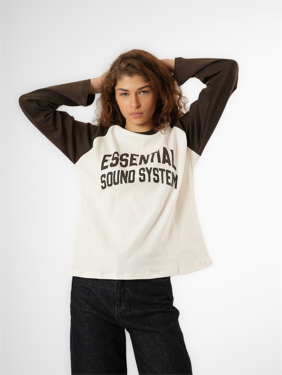 Baskılı Uzun Kol T-shirt Ekru-Acı Kahve