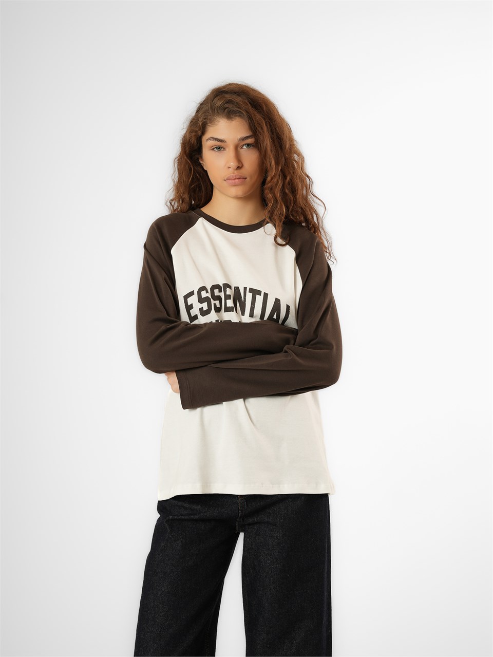 Baskılı Uzun Kol T-shirt Ekru-Acı Kahve