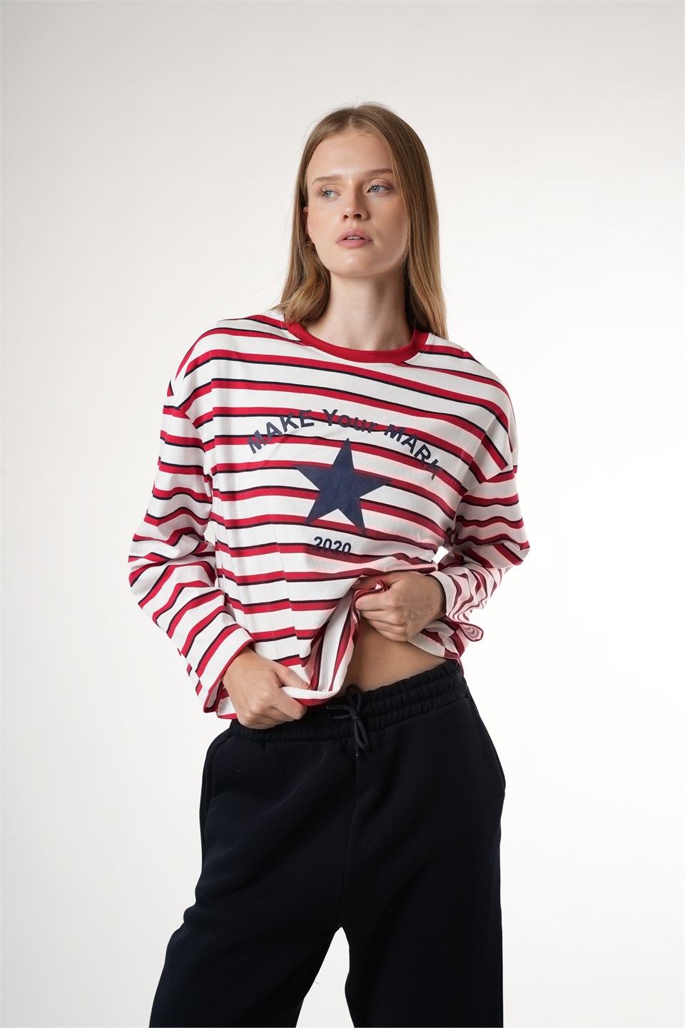 Baskılı Uzun Kol T-shirt Kırmızı-Beyaz