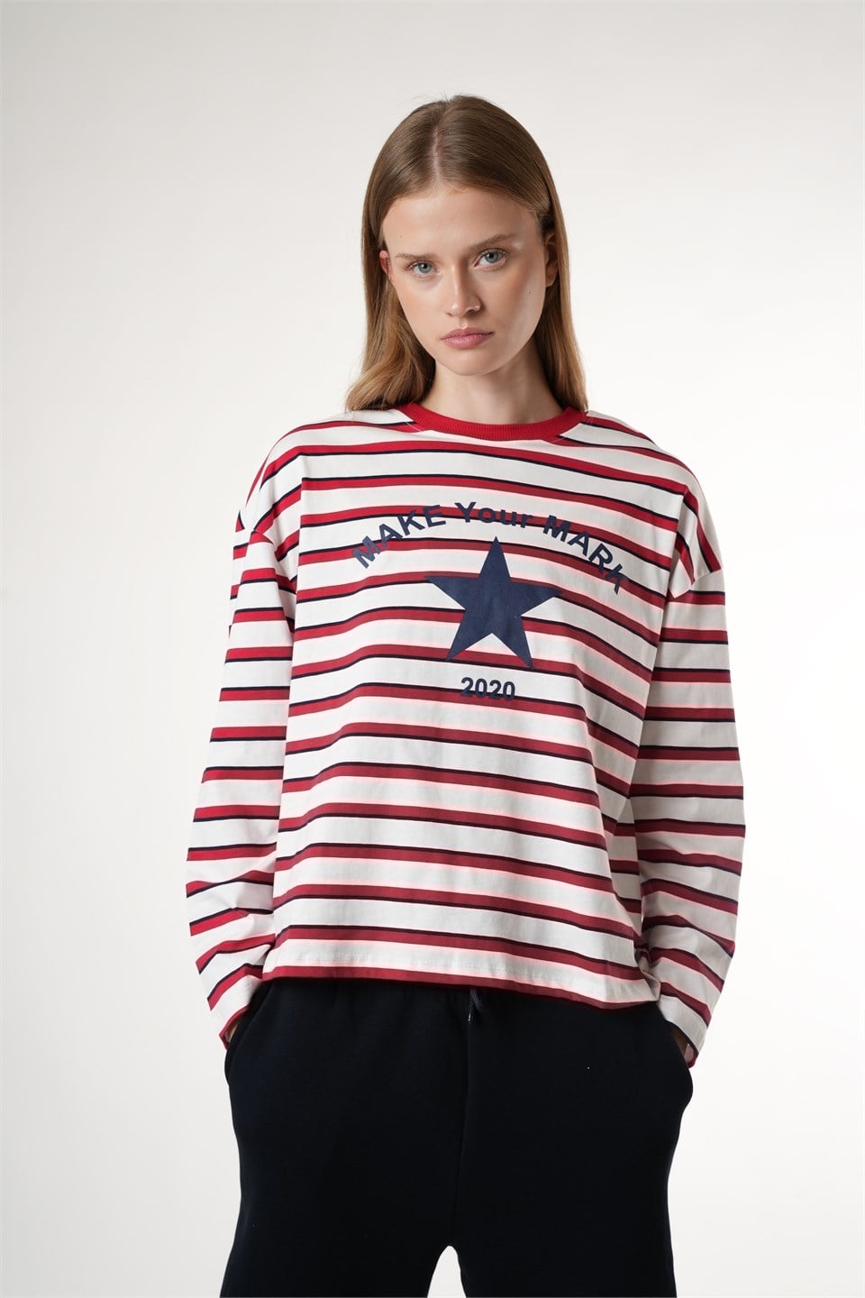 Baskılı Uzun Kol T-shirt Kırmızı-Beyaz