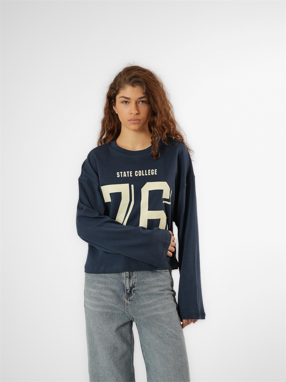 Baskılı Uzun Kol T-shirt Lacivert