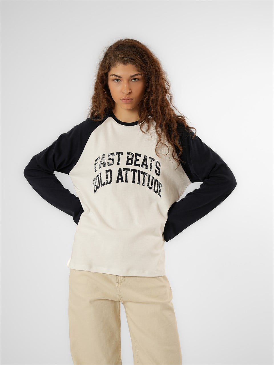 Baskılı Uzun Kol T-shirt Lacivert-Ekru