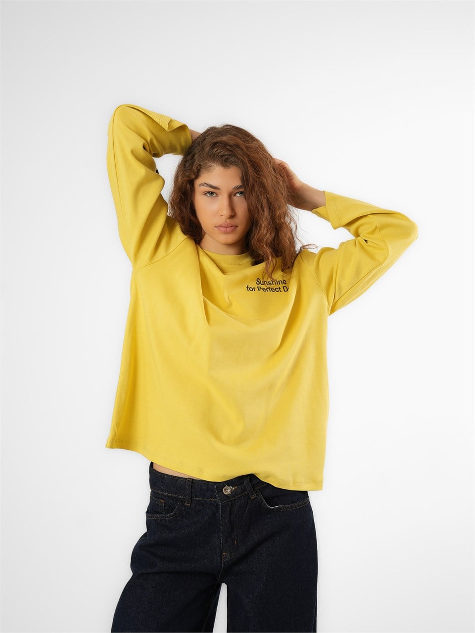 Baskılı Uzun Kol T-shirt Safran Sarı