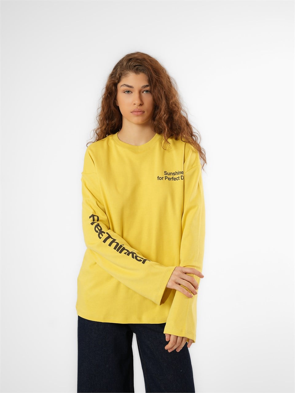 Baskılı Uzun Kol T-shirt Safran Sarı