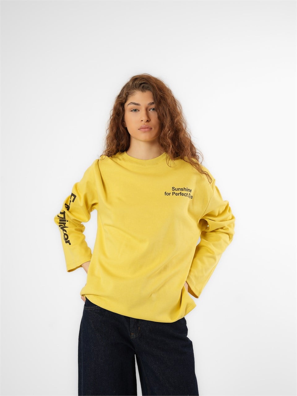 Baskılı Uzun Kol T-shirt Safran Sarı