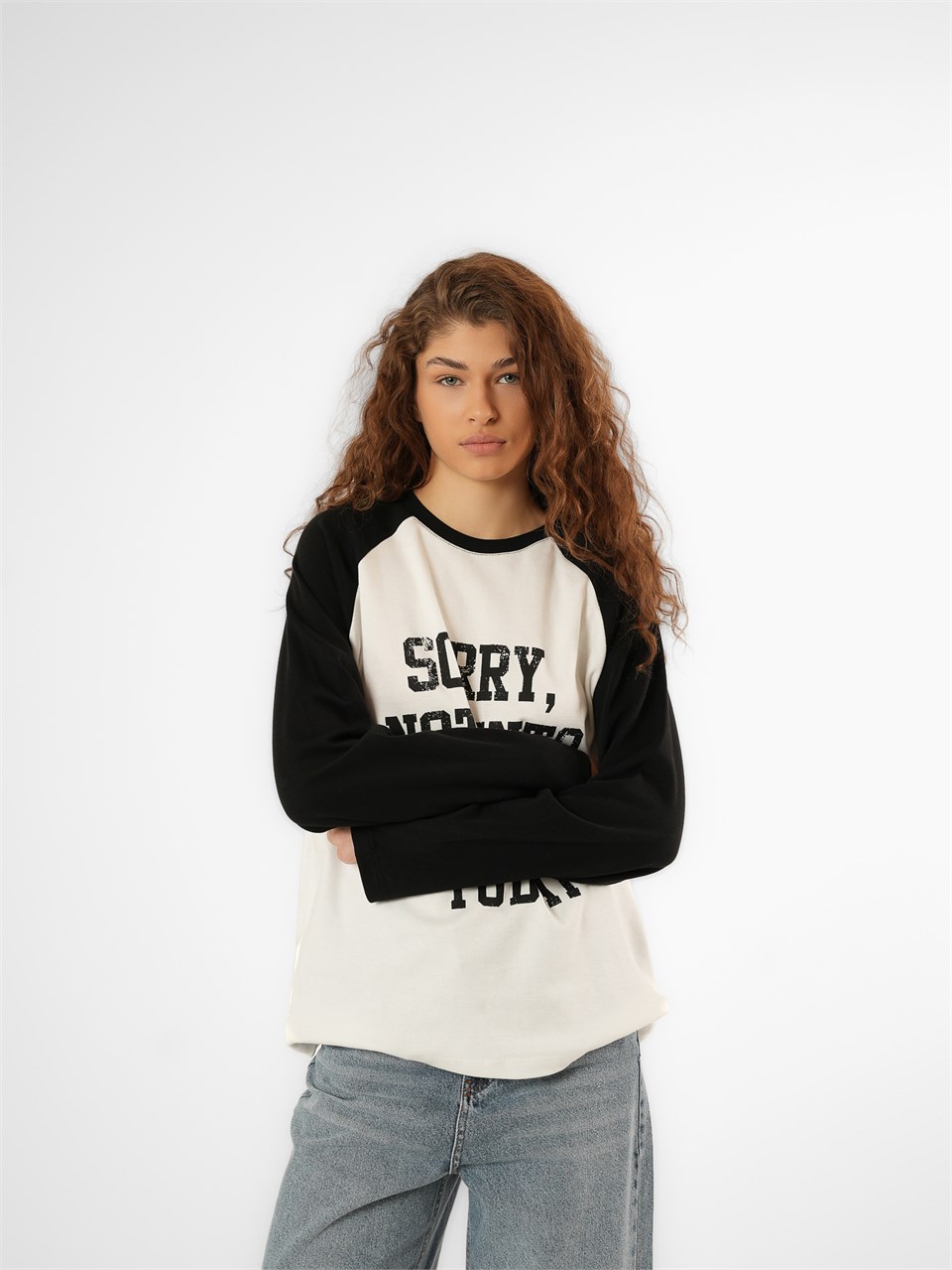 Baskılı Uzun Kol T-shirt Siyah-Ekru
