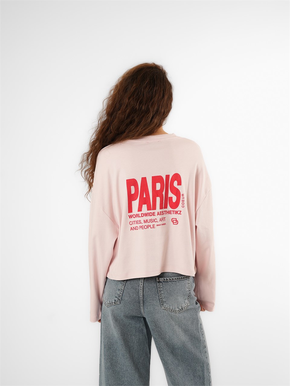 Baskılı Uzun Kol T-shirt Toz Pembe