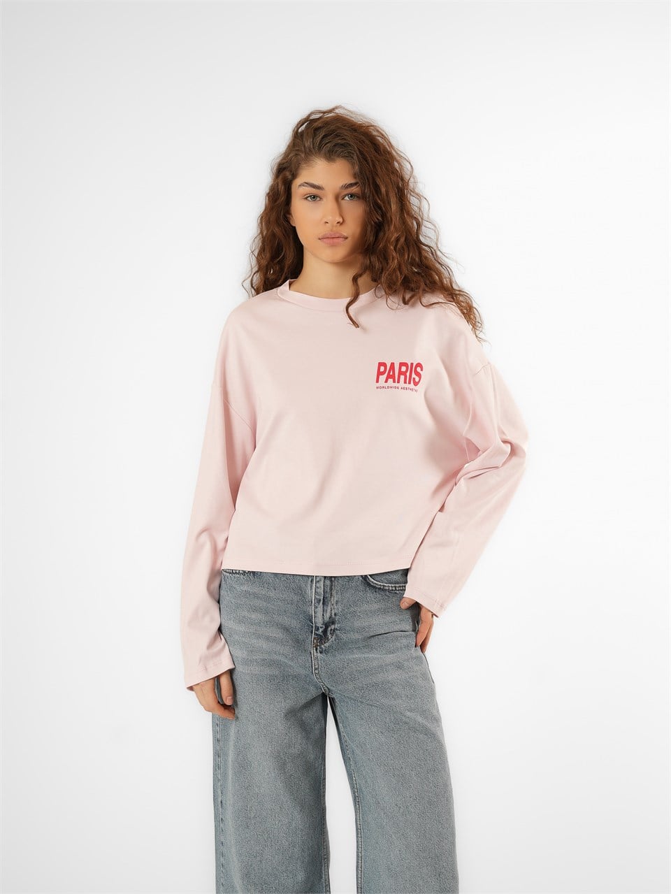 Baskılı Uzun Kol T-shirt Toz Pembe