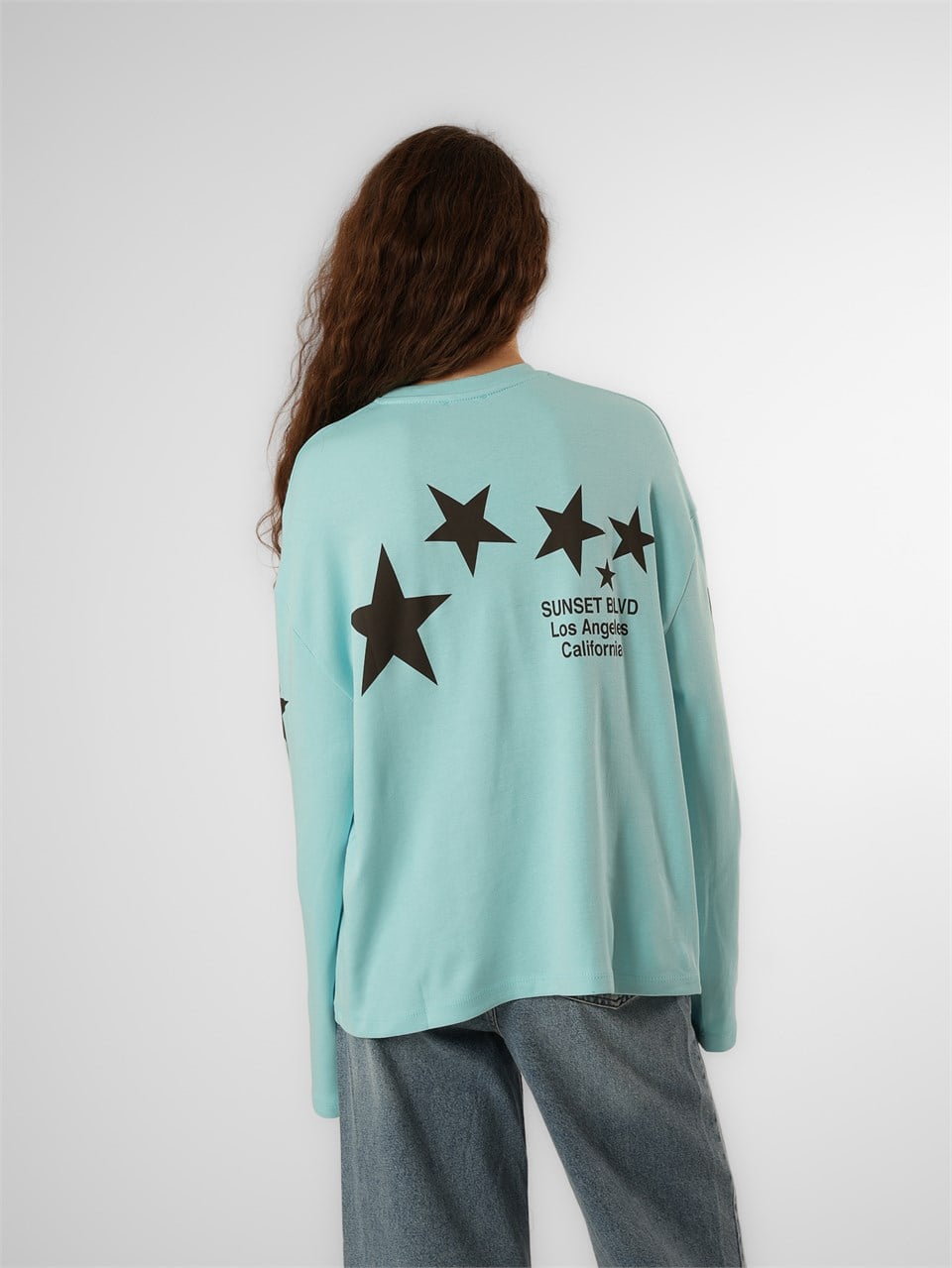 Baskılı Uzun Kol T-shirt Turkuaz